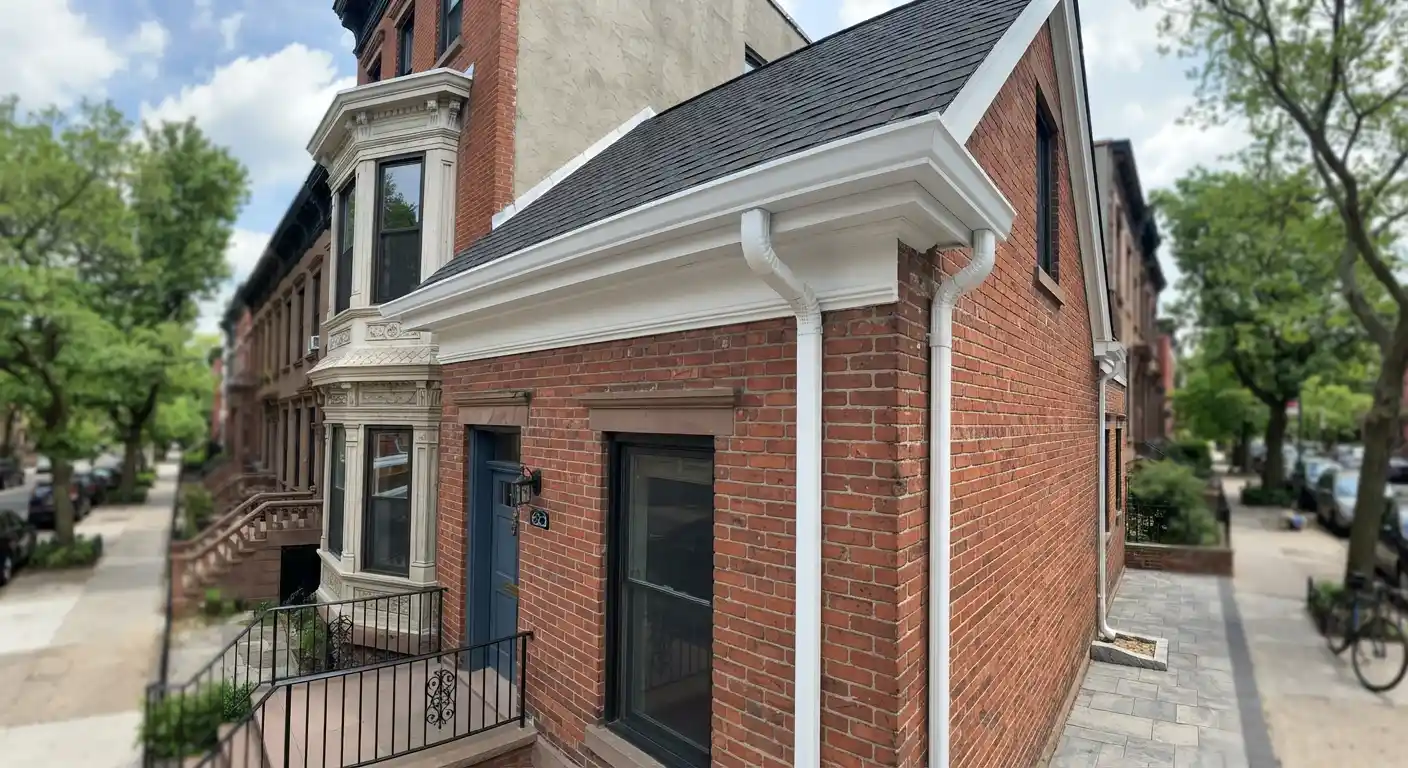 Close-up view of newly installed metal gutters on a modern roofline.