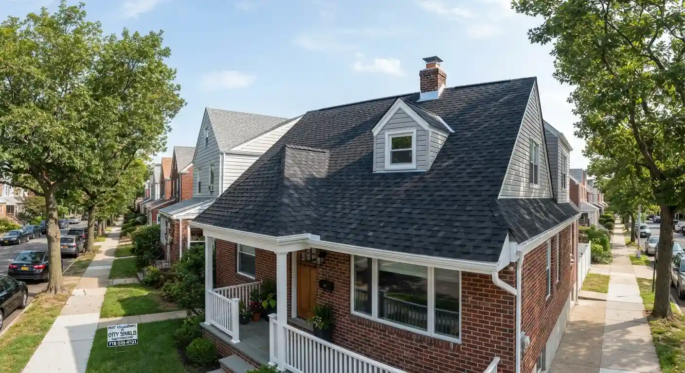 Completed roofing and siding project on a residential building exterior. Completed roofing and siding project on a residential building exterior.