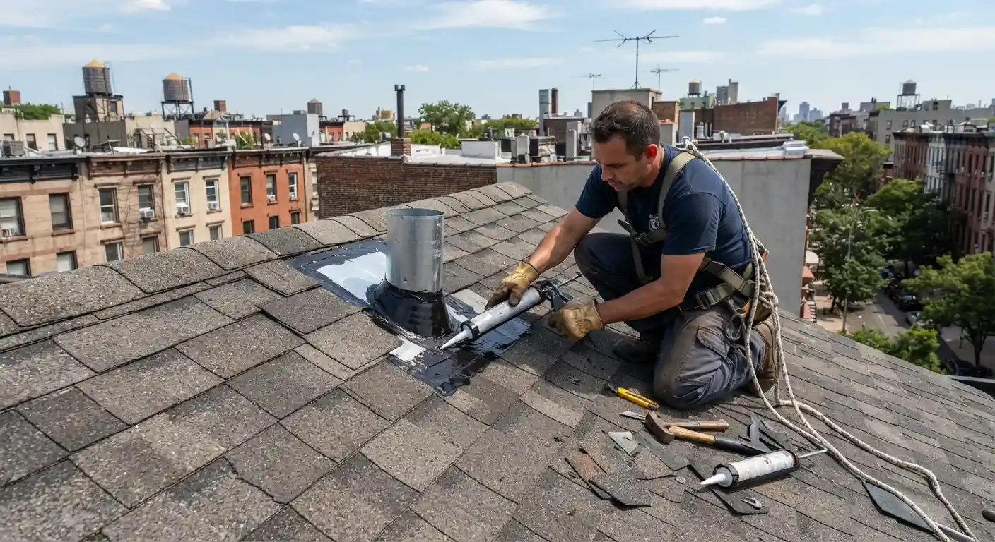 Close-up of flashing details during a professional roof inspection.