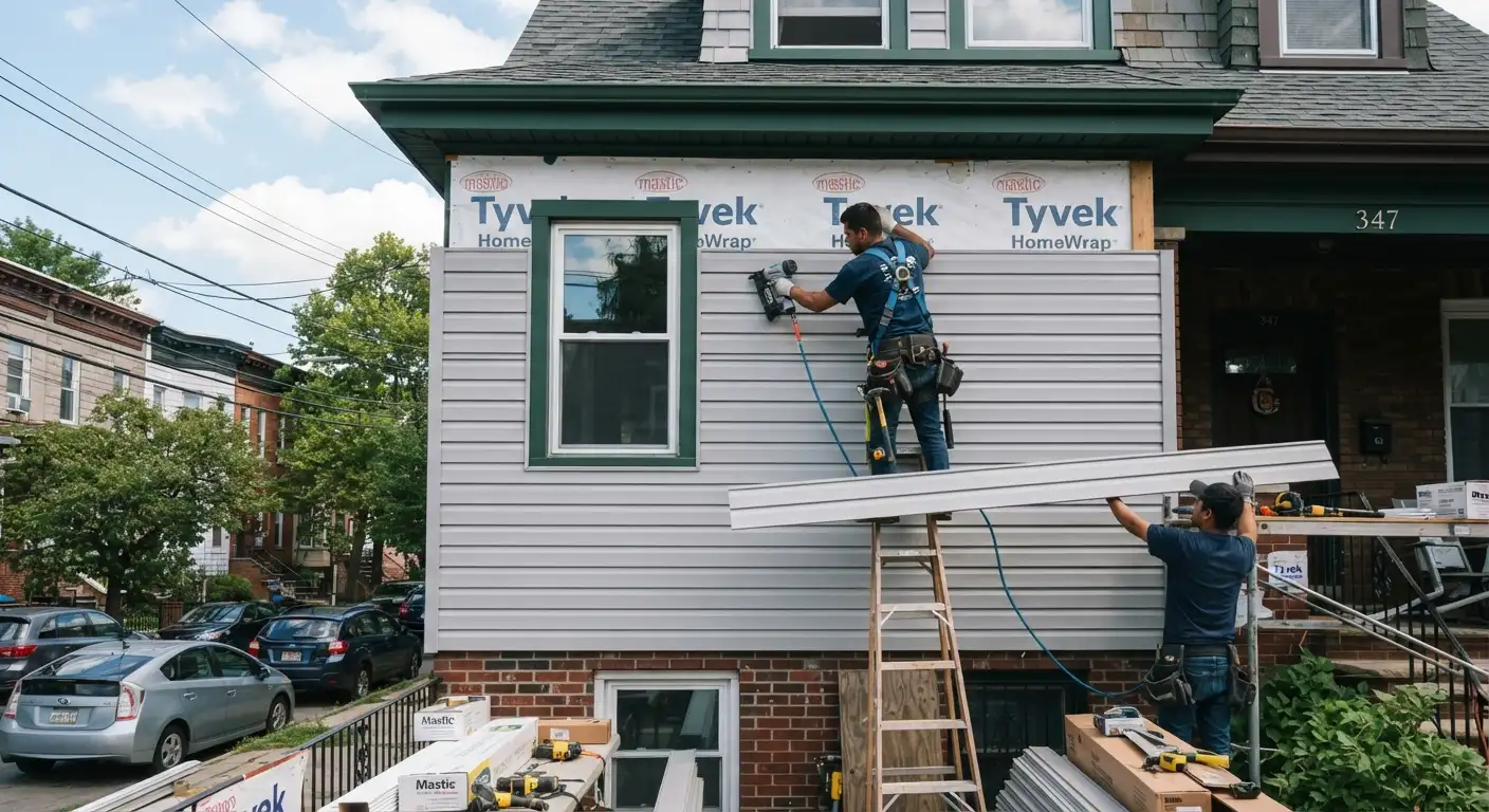 Close-up view of newly installed siding panels on a house exterior.